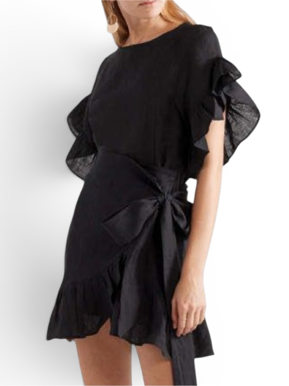 Isabel Marant Black Ruffle-Sleeve Tie-Waist Mini Dress